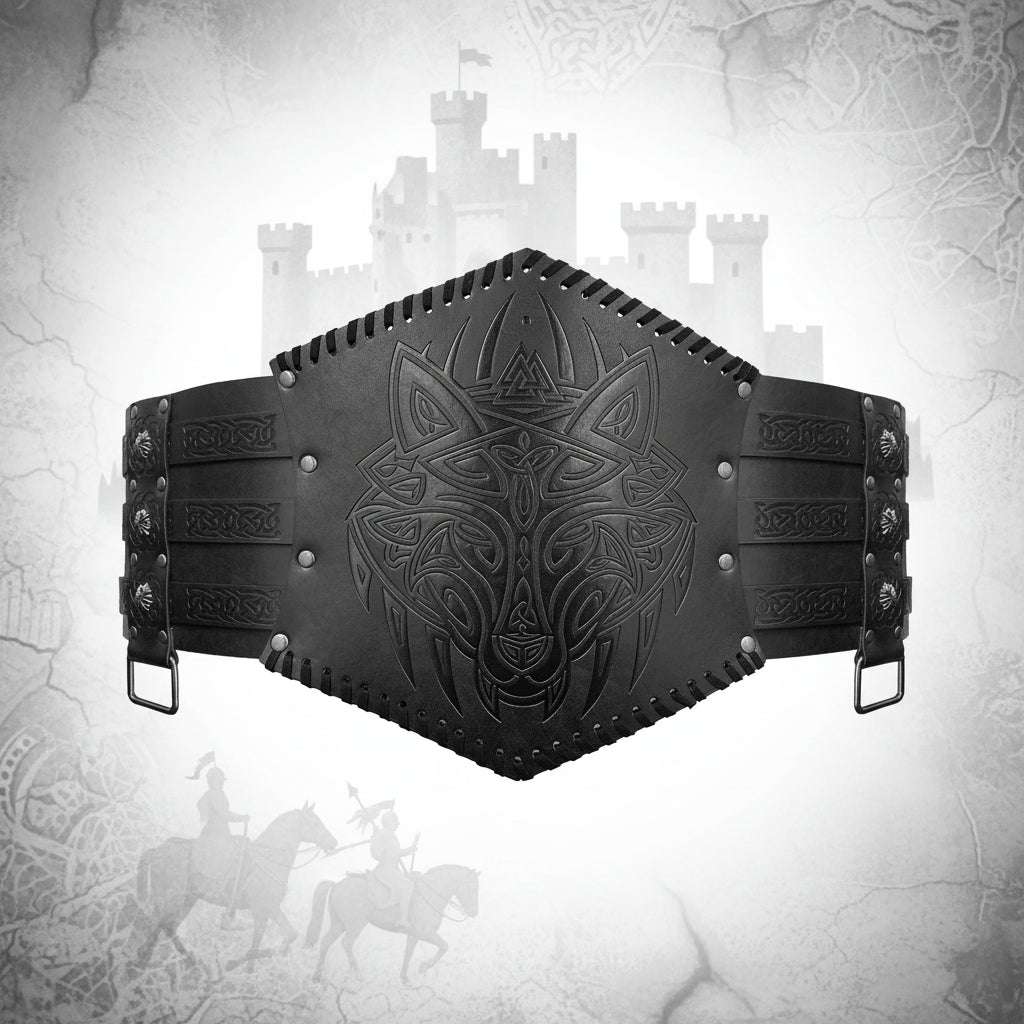 viking leather belt costume featuring heavy embossed wolf design