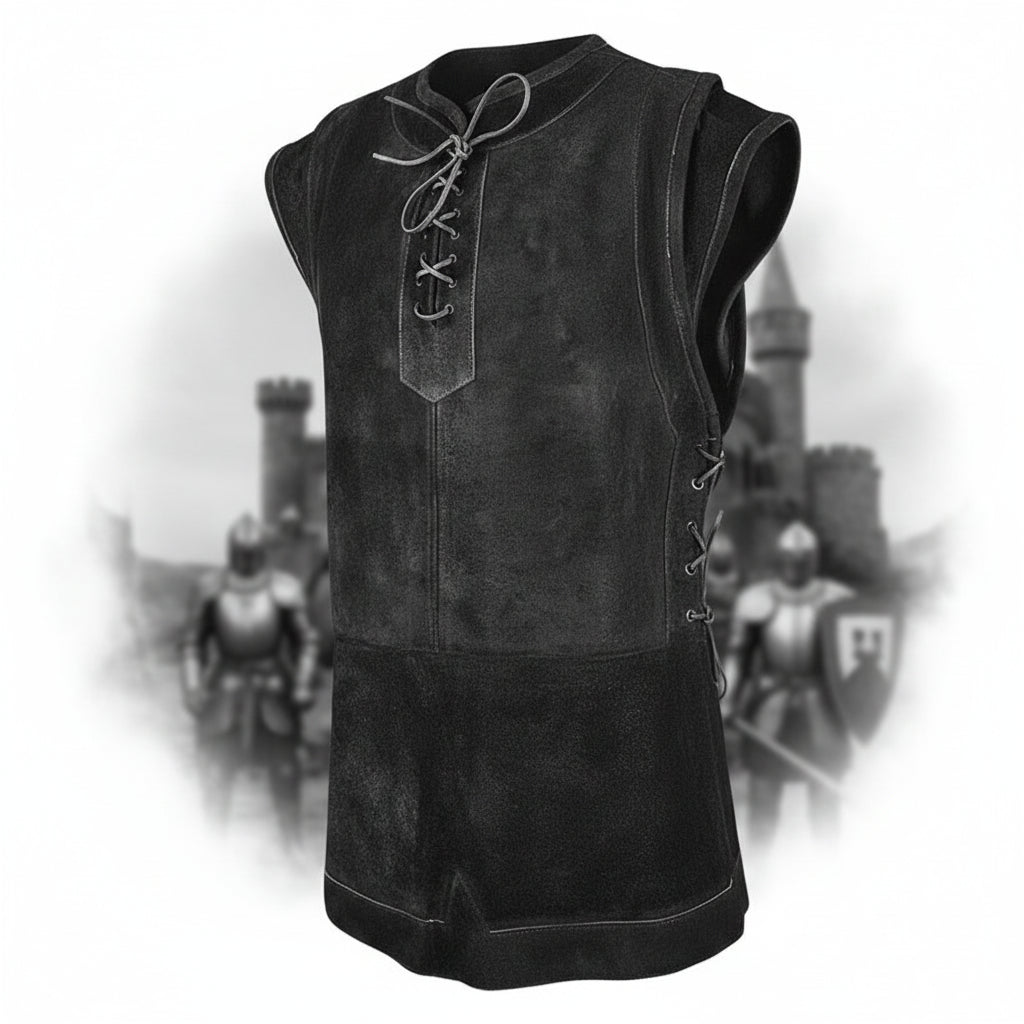 Men's medieval punk vest for viking cosplay vest in black suede.
