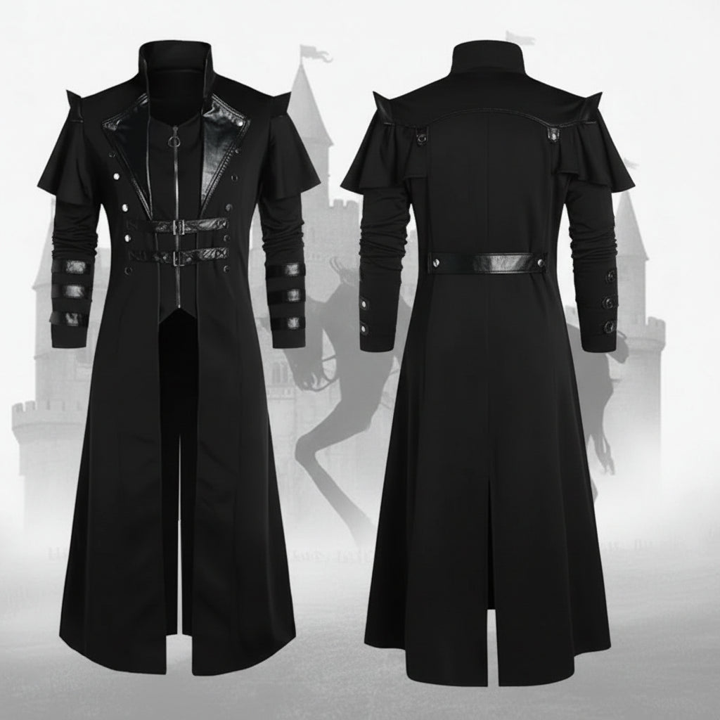Gothic steampunk long coat featuring bold design and armor elements.