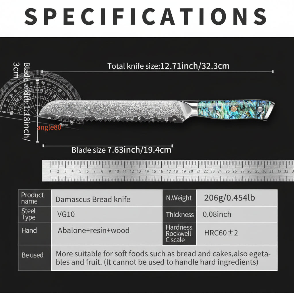 8-Inch Damascus Bread Knife – 67-Layer Steel, Abalone Shell Handle