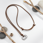 Handcrafted Leather Cord Necklace Minimalist Brown Rope Necklace with Interlocking Metal Rings - Hadi Craft