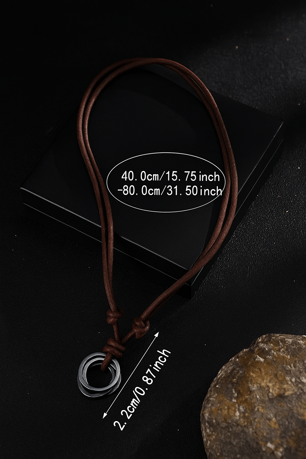 Handcrafted Leather Cord Necklace Minimalist Brown Rope Necklace with Interlocking Metal Rings - Hadi Craft