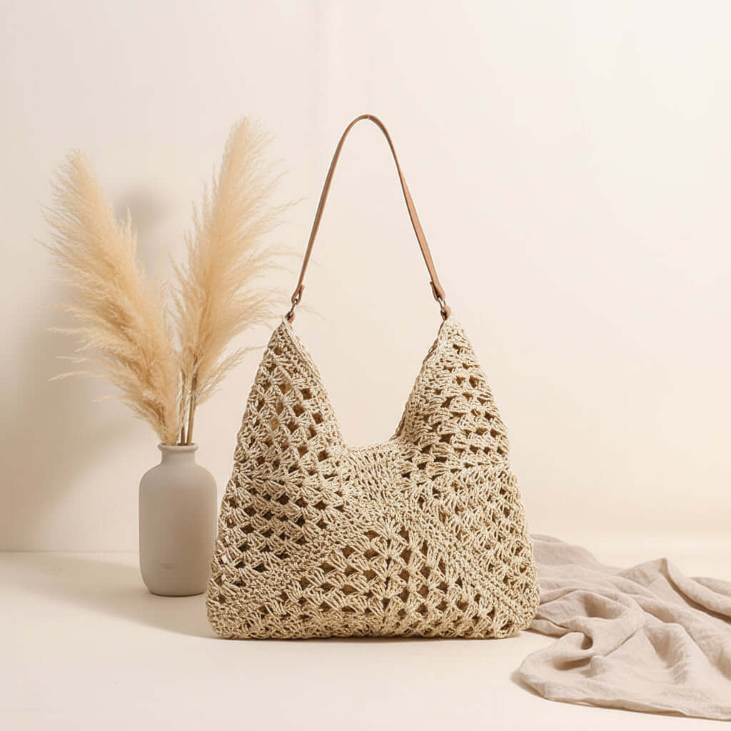 Handmade Crochet Beach Bag Large Capacity Hollow Out Shoulder Tote Bohemian Woven Triangle Bag for Vacation &amp; Travel - Hadi Craft