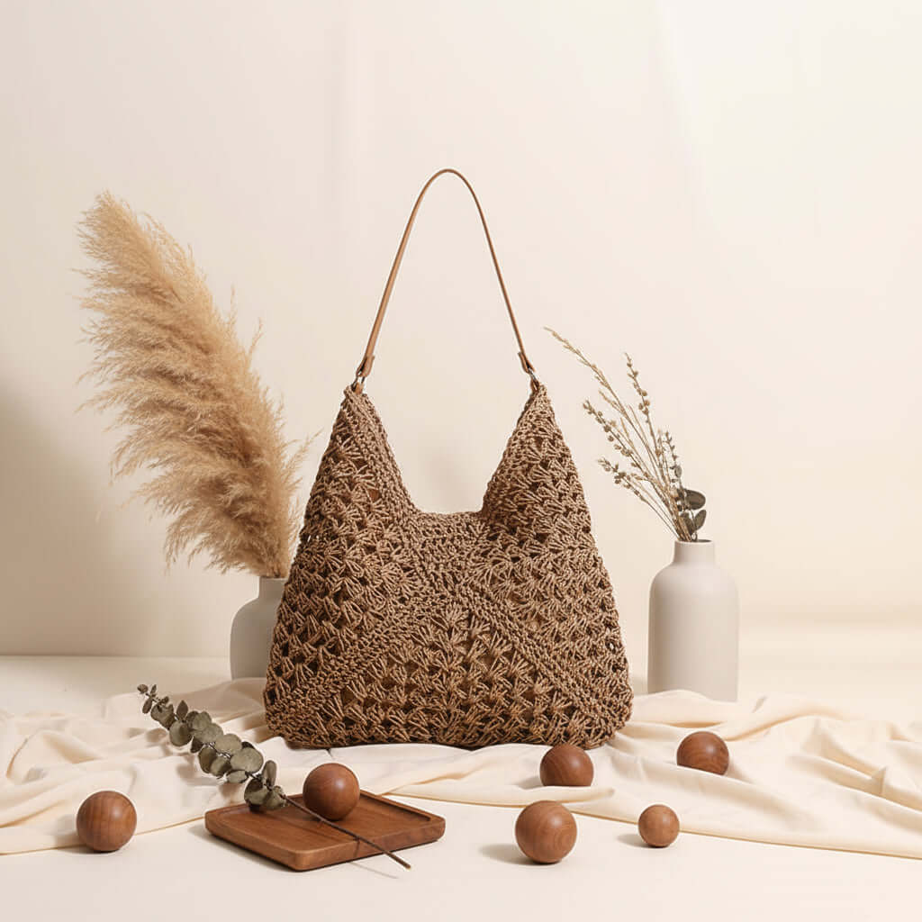 Handmade Crochet Beach Bag Large Capacity Hollow Out Shoulder Tote Bohemian Woven Triangle Bag for Vacation &amp; Travel - Hadi Craft