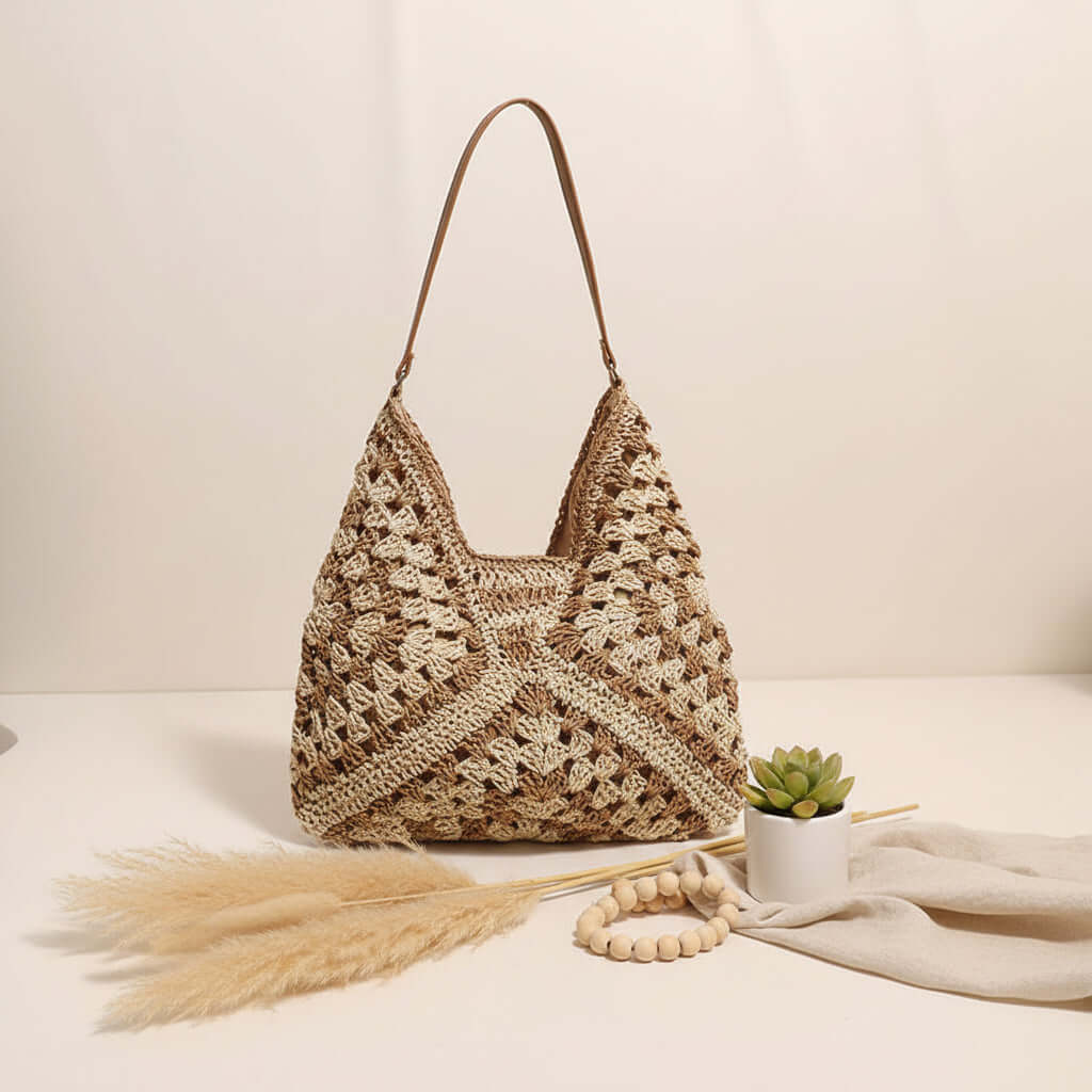 Handmade Crochet Beach Bag Large Capacity Hollow Out Shoulder Tote Bohemian Woven Triangle Bag for Vacation &amp; Travel - Hadi Craft