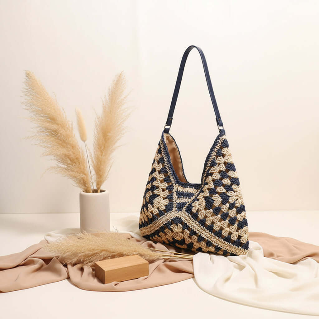 Handmade Crochet Beach Bag Large Capacity Hollow Out Shoulder Tote Bohemian Woven Triangle Bag for Vacation &amp; Travel - Hadi Craft