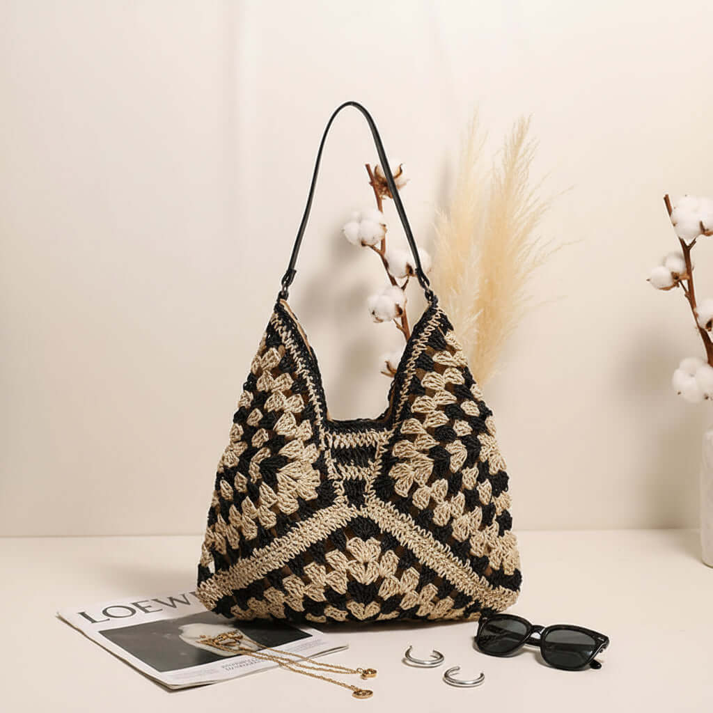 Handmade Crochet Beach Bag Large Capacity Hollow Out Shoulder Tote Bohemian Woven Triangle Bag for Vacation &amp; Travel - Hadi Craft