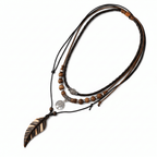 Handmade Feather Pendant Necklace – Boho Layered Leather Cord Necklace - Hadi Craft