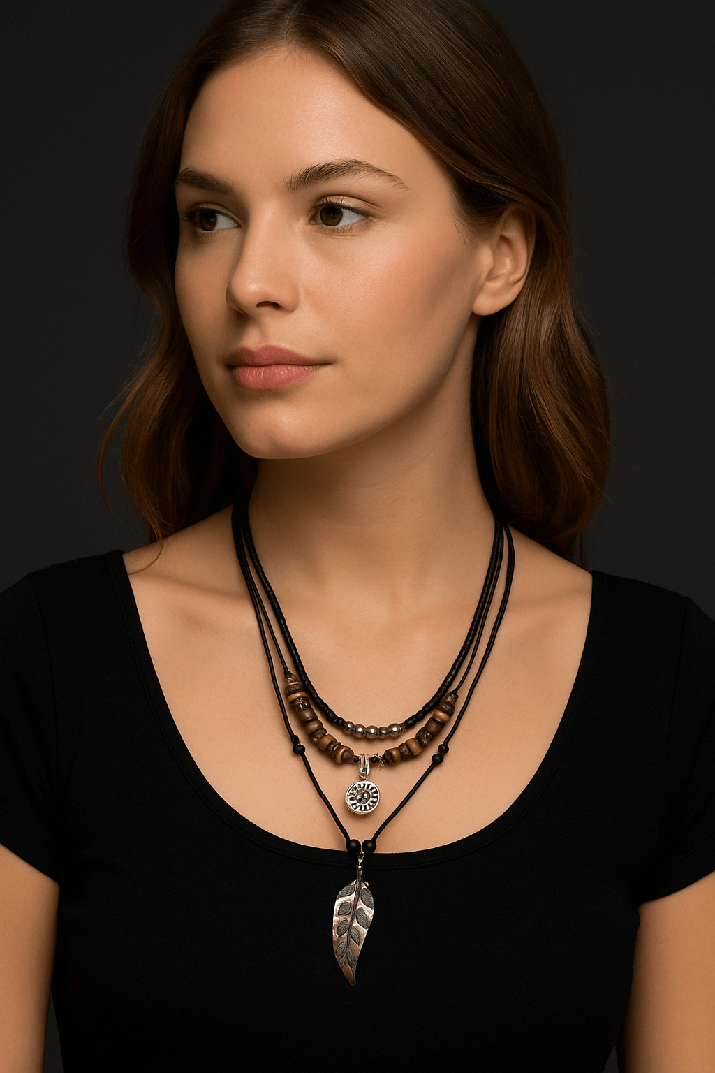 Handmade Feather Pendant Necklace – Boho Layered Leather Cord Necklace - Hadi Craft