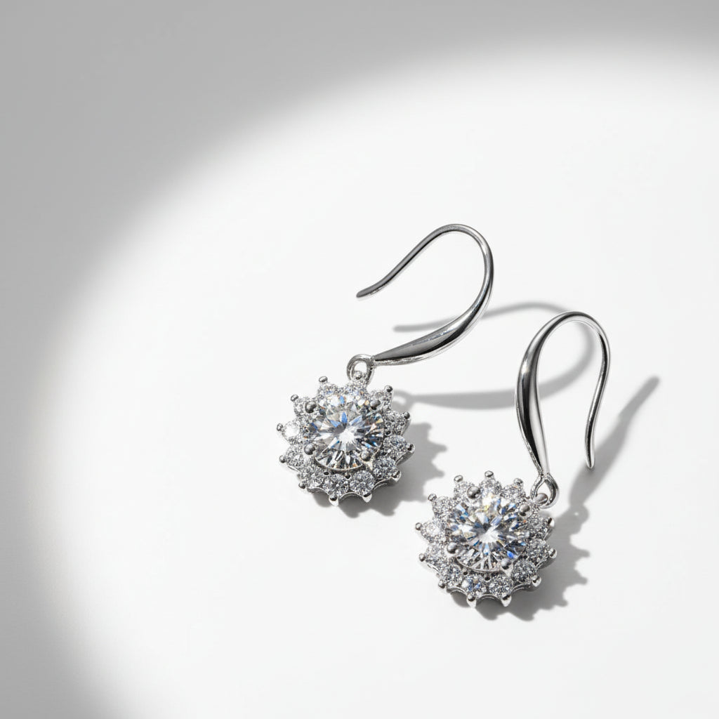 Sterling Silver White Gold Plated Moissanite Sunflower Dangle Earrings Wedding Jewelry S925