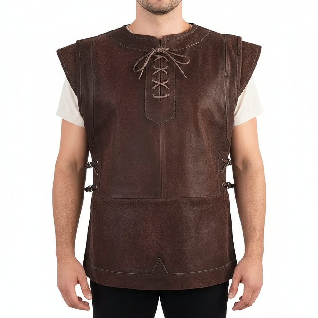 Men's brown suede medieval vest for viking cosplay vest with lace-up detail.