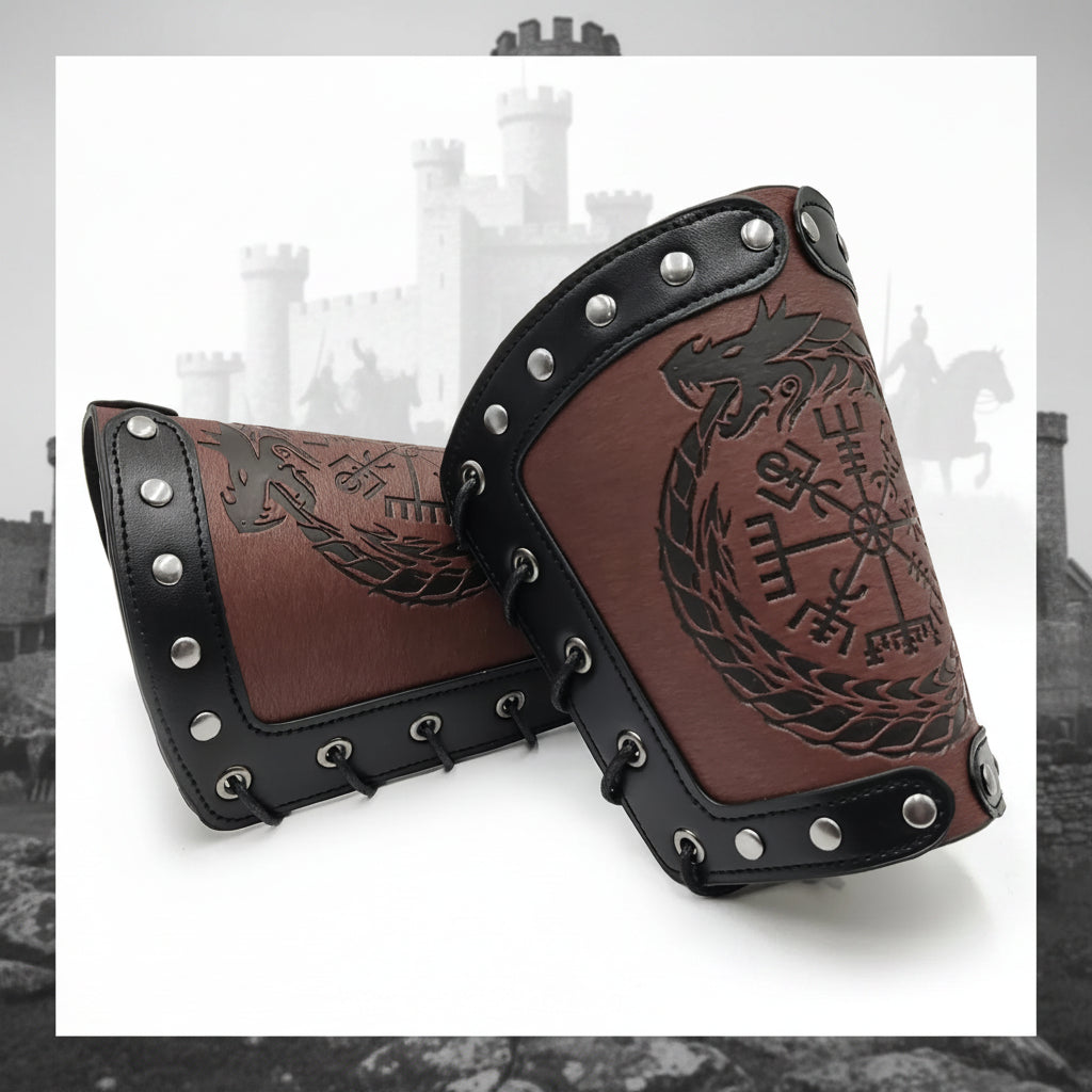 Nordic compass leather bracelet featuring dragon design and metal studs