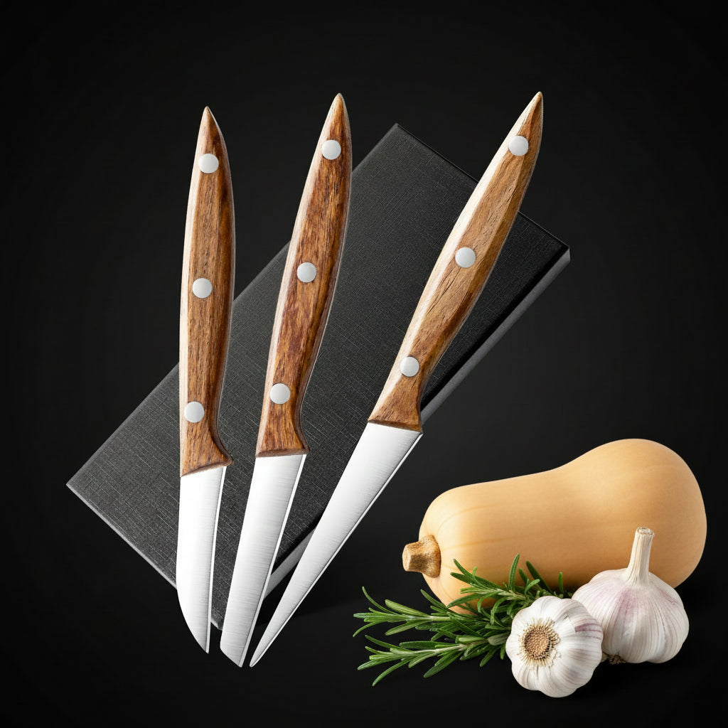 3-Piece Stainless Steel Carving Knife Set — Wood Handle Kitchen Knives