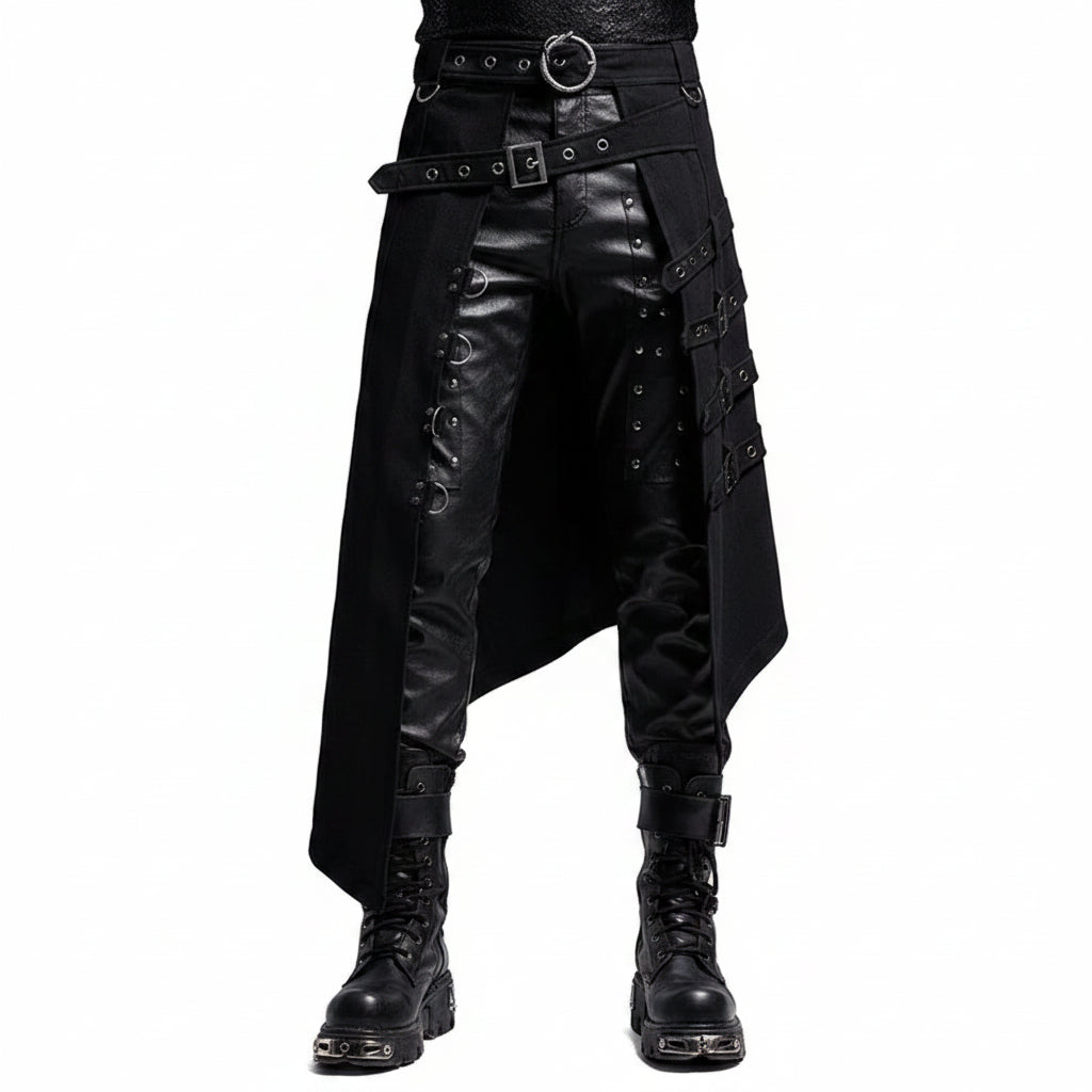 Men's Gothic Punk Kilt Skirt featuring leather accents and metal details