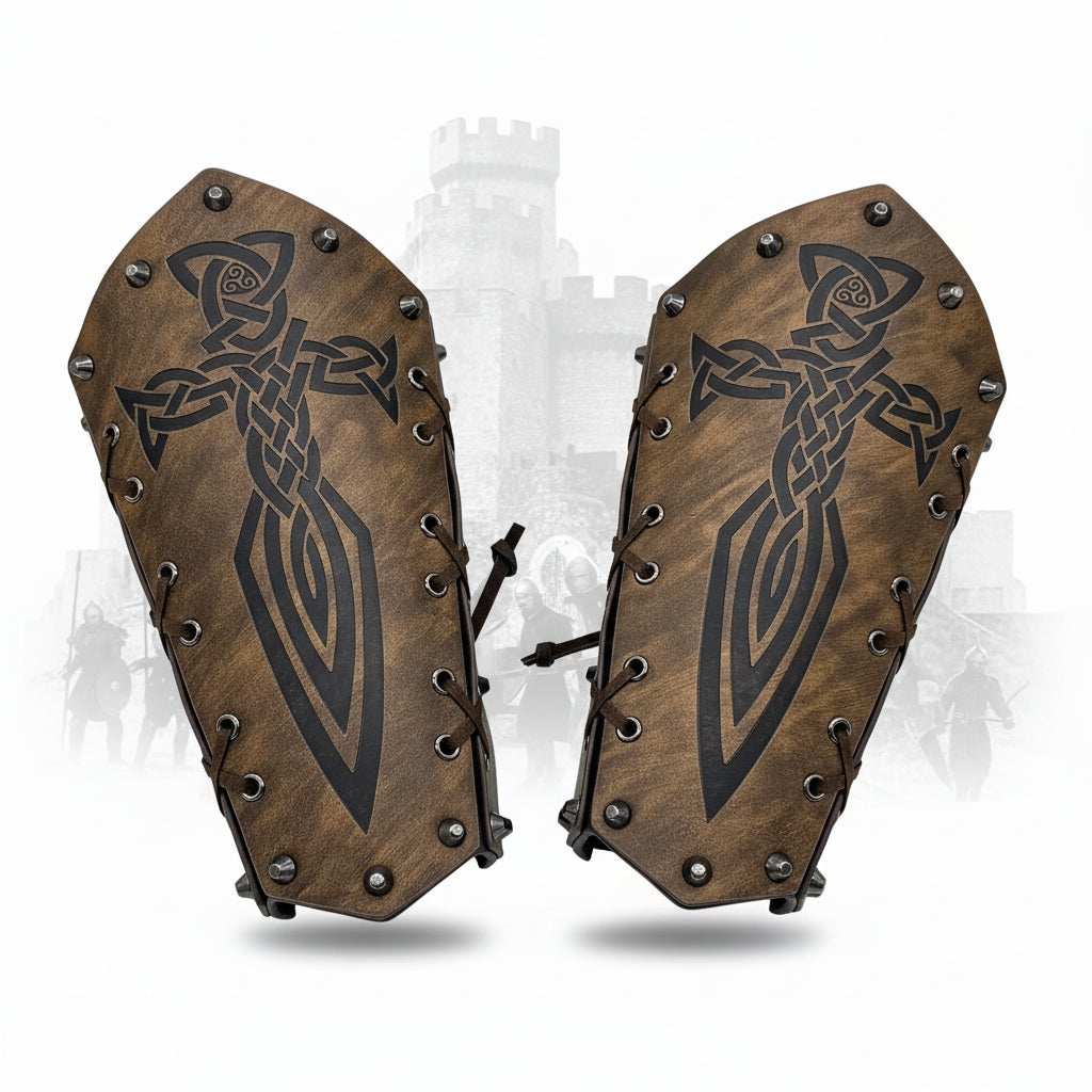 Medieval cosplay arm bracers with embossed design and laces