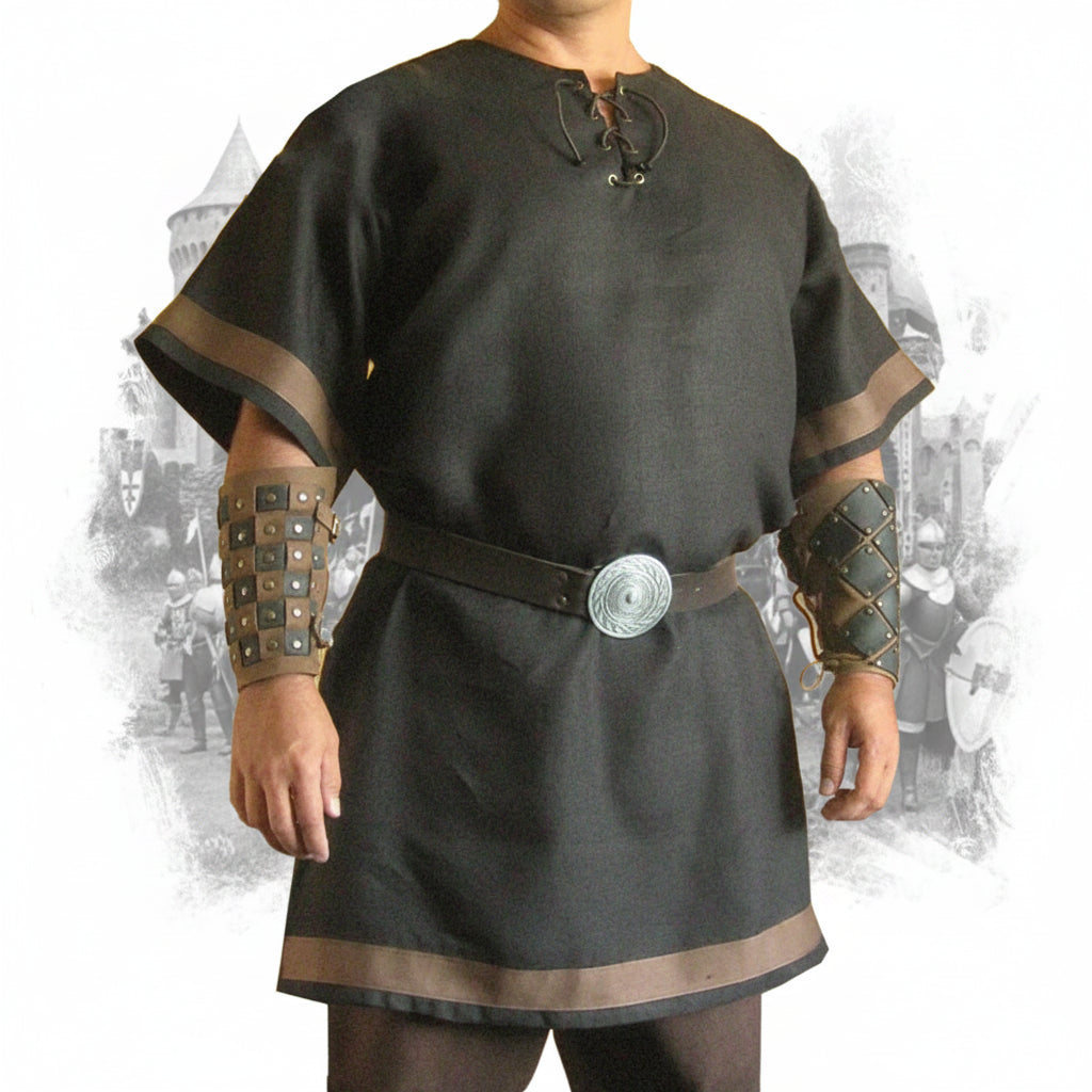 Medieval Viking wear viking warrior costume featuring a classic tunic and arm armor.