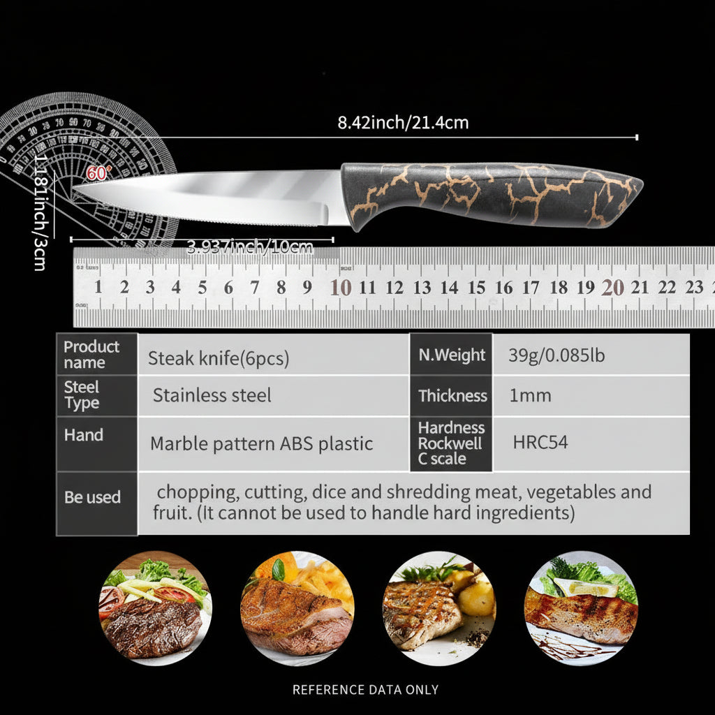 6-Piece 3Cr13 Stainless Steel Steak Knife Set with Marble-Pattern Handles
