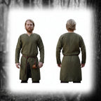 Men's Medieval Knight Warrior Costume Shirt featuring a green tunic design.