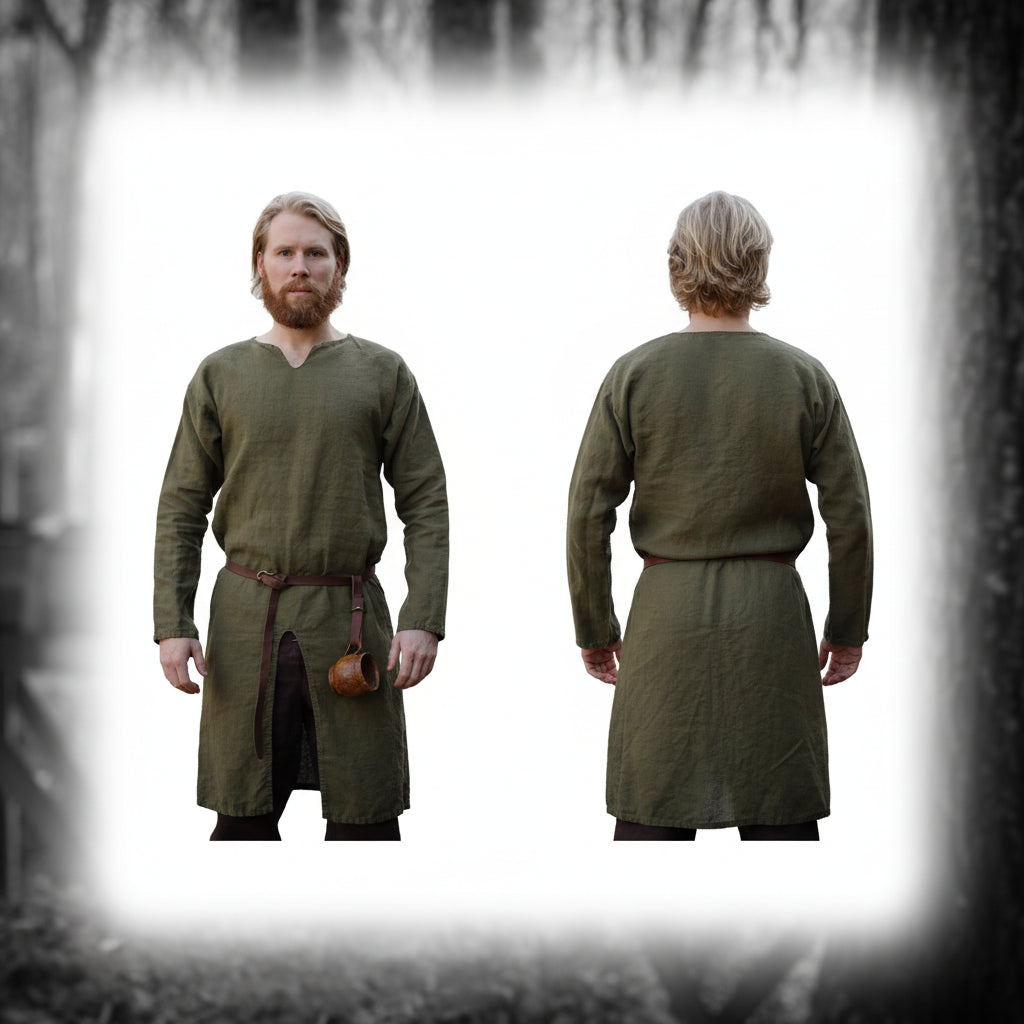 Men's Medieval Knight Warrior Costume Shirt featuring a green tunic design.