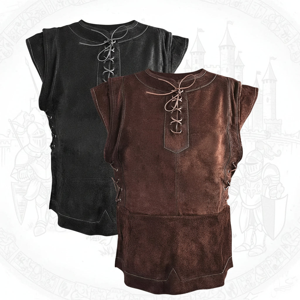 Men's medieval viking cosplay vest in black and brown suede materials, perfect for LARP and Halloween costumes.