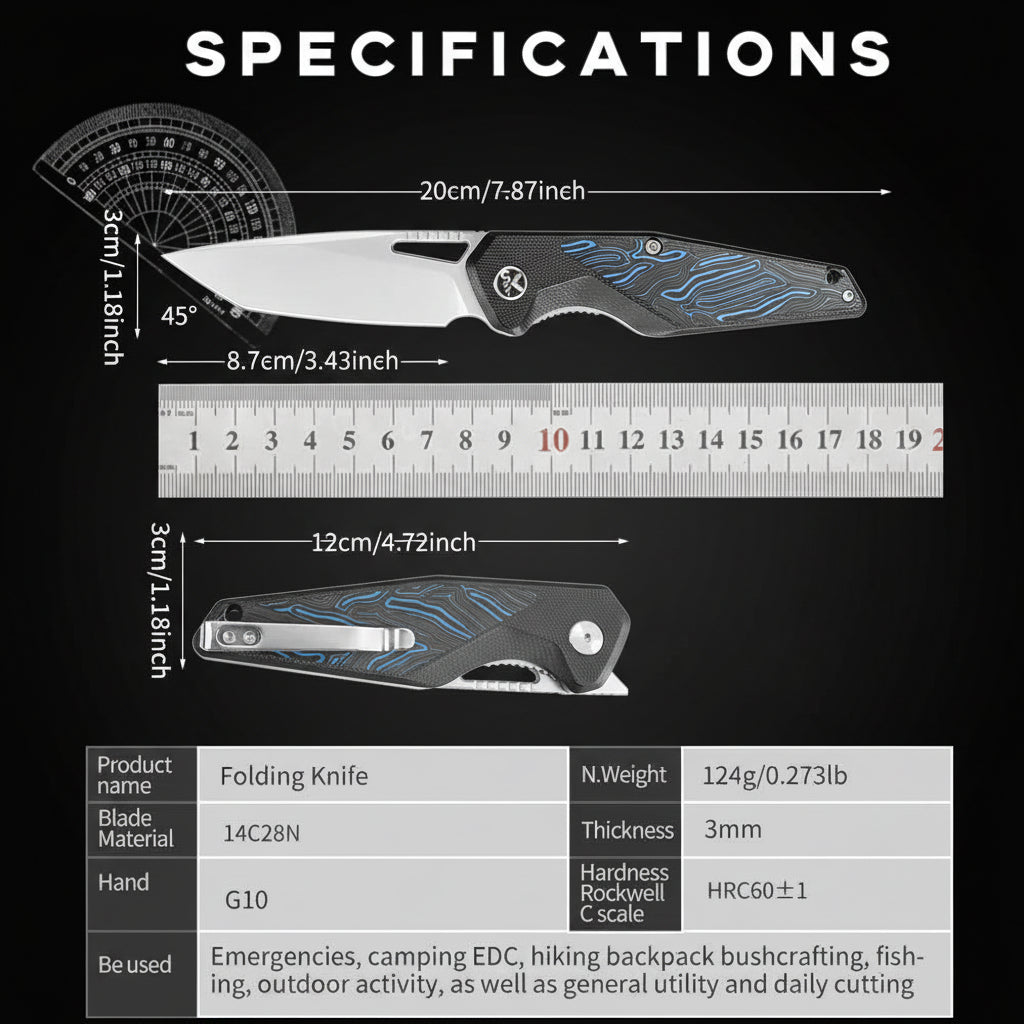 EDC Folding Pocket Knife – Drop Point Blade, G10 Handle
