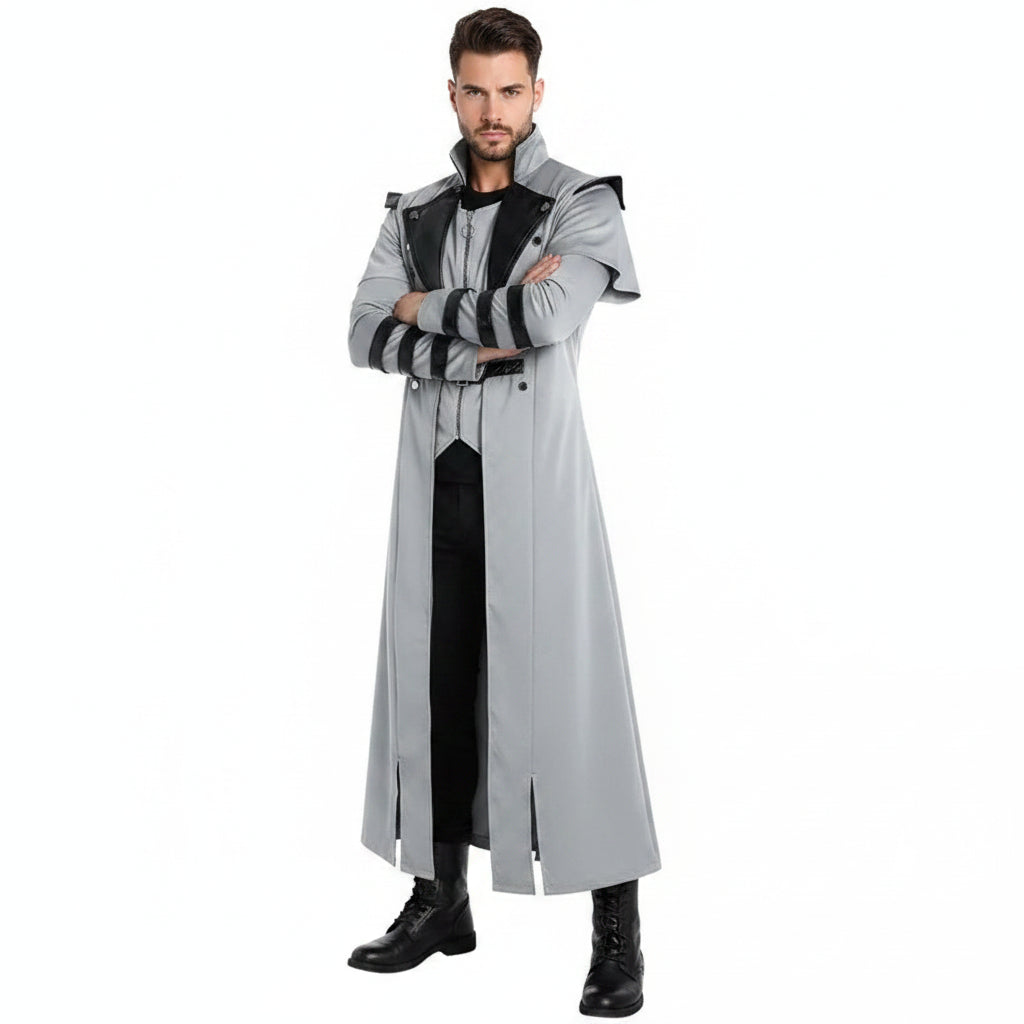 Gothic steampunk long coat featuring a sleek design with a high collar and split-front for cosplay and costume events.