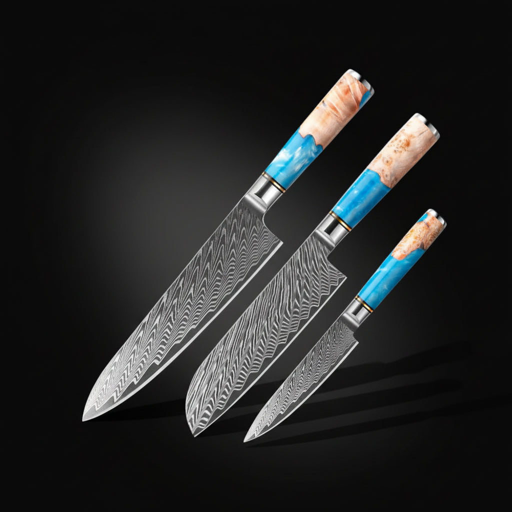 67-Layer Damascus Kitchen Knife Set – Chef, Nakiri, Utility & Santoku Knives with Wooden Handle