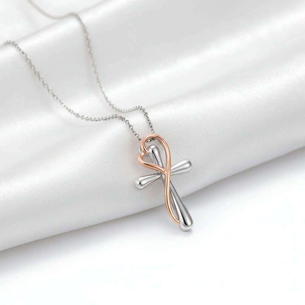 Heart Shaped Cross Necklace for Women White Gold Electroplated Jewelry - Hadi Craft