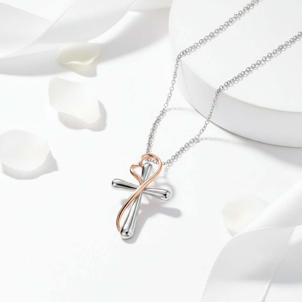 Heart Shaped Cross Necklace for Women White Gold Electroplated Jewelry - Hadi Craft