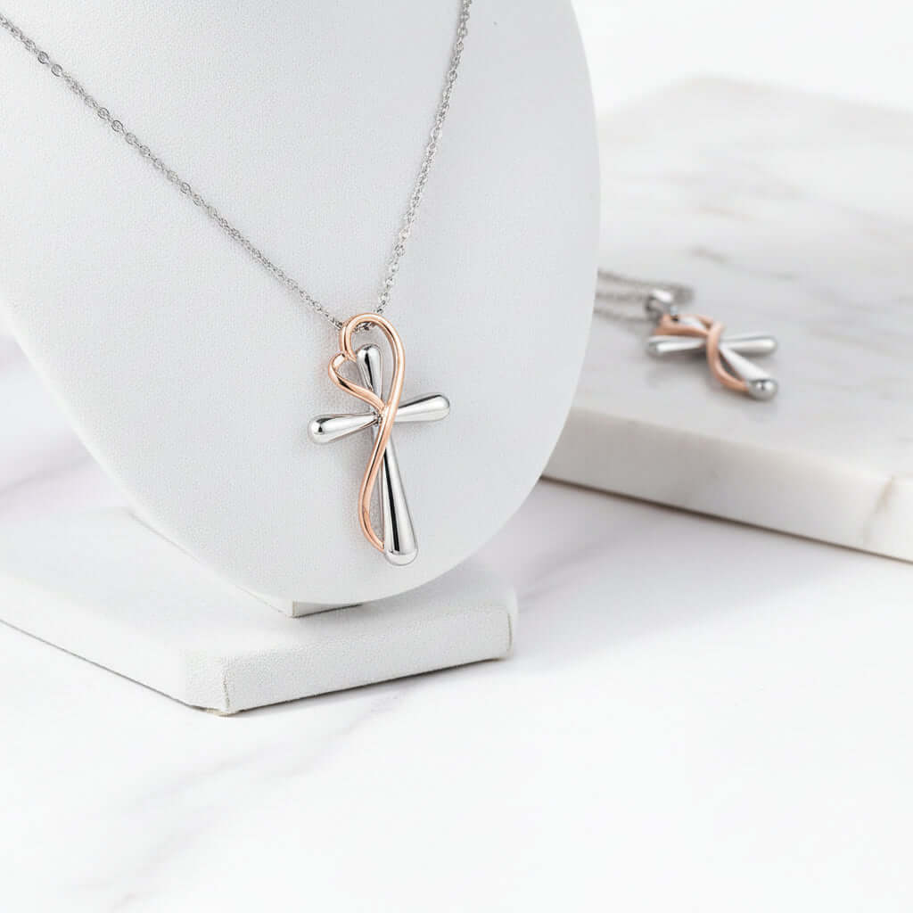 Heart Shaped Cross Necklace for Women White Gold Electroplated Jewelry - Hadi Craft
