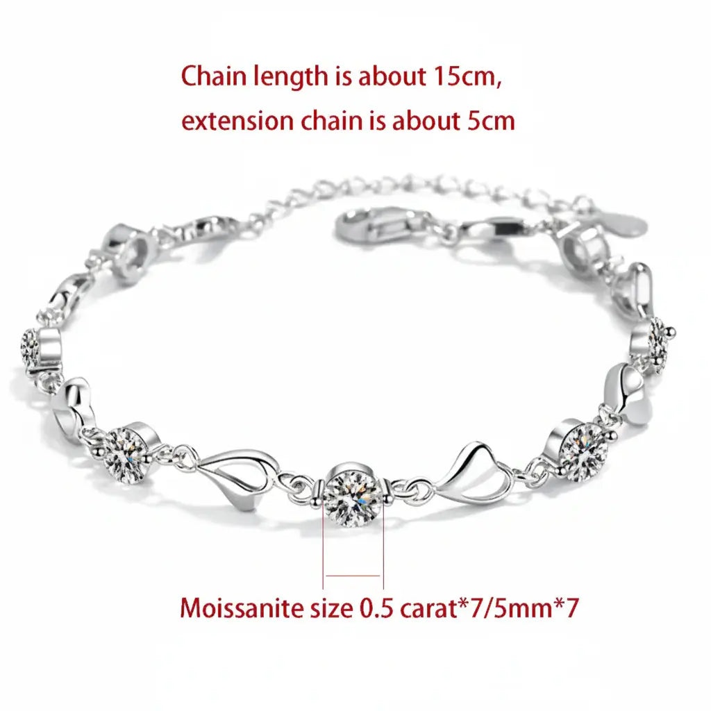 Heart moissanite bracelet Silver White Heart Elegant Charm Party Gifts - Hadi Craft