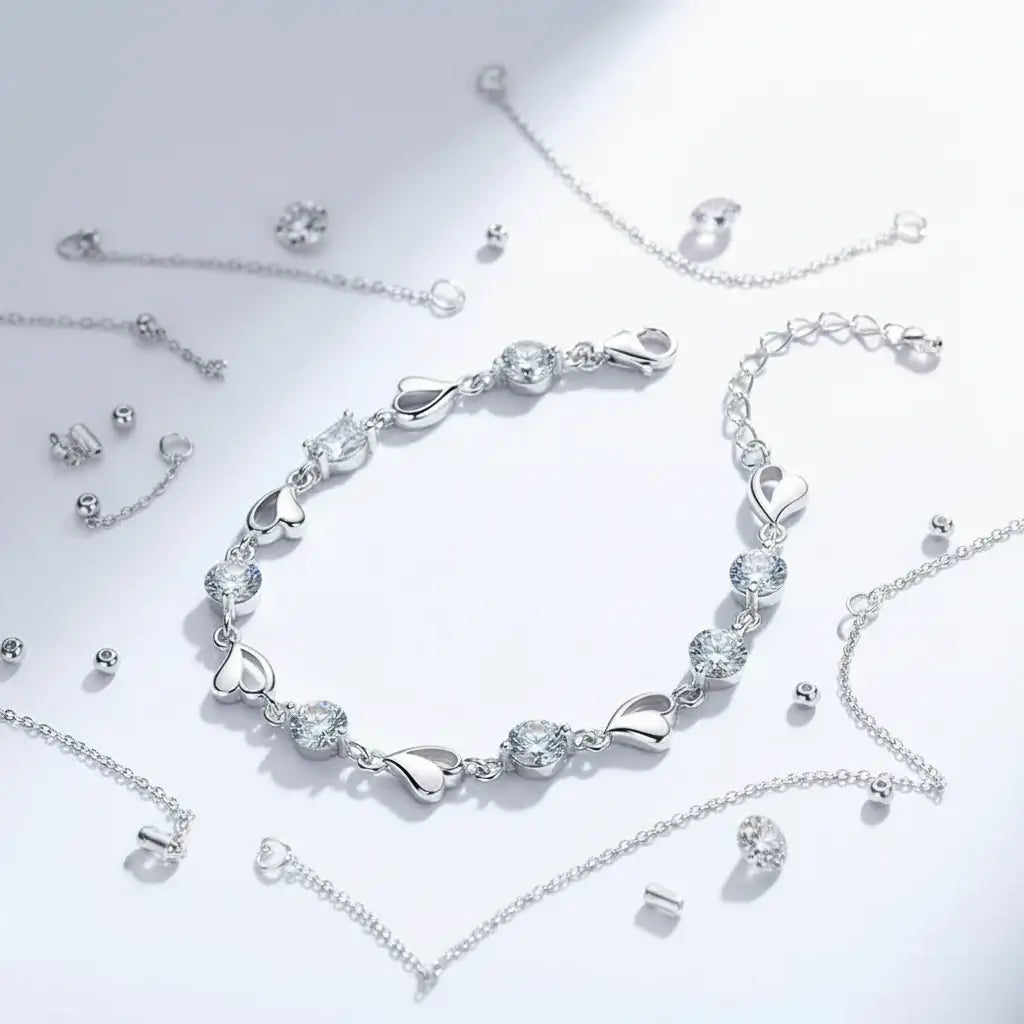 Heart moissanite bracelet Silver White Heart Elegant Charm Party Gifts - Hadi Craft