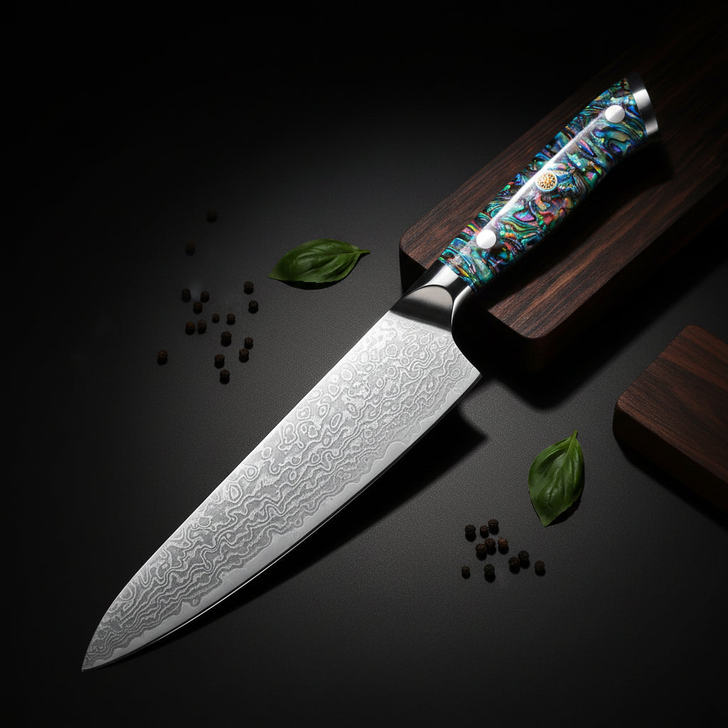 Damascus Chef Knife – Abalone Shell Ergonomic Handle