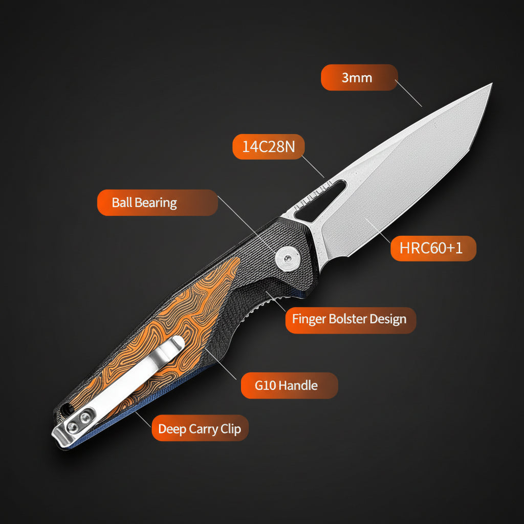 EDC Folding Pocket Knife – 14C28N Steel, G10 Handle