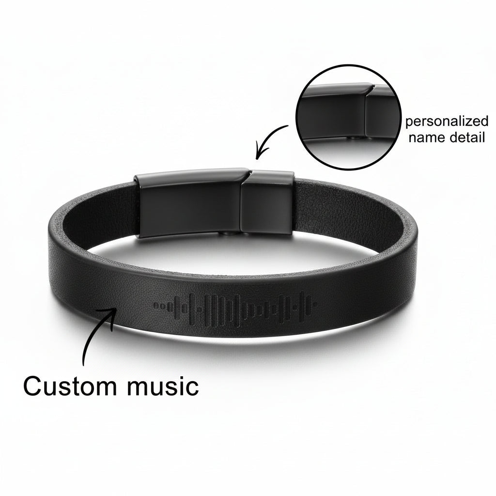 Custom music code PU leather bracelet with magnetic clasp, engraved with music code, vintage style. Hadi Craft USA