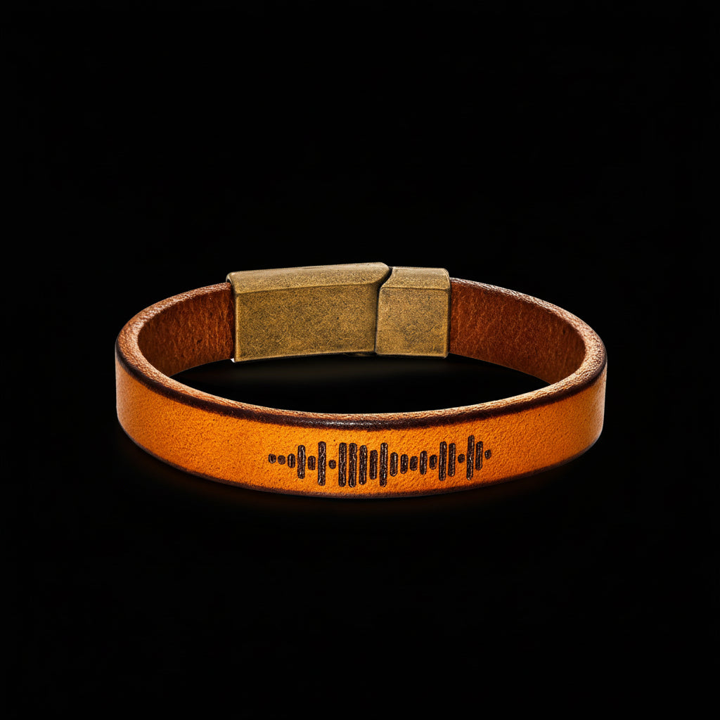 Custom music code PU leather bracelet with magnetic clasp, engraved with music code, vintage style.