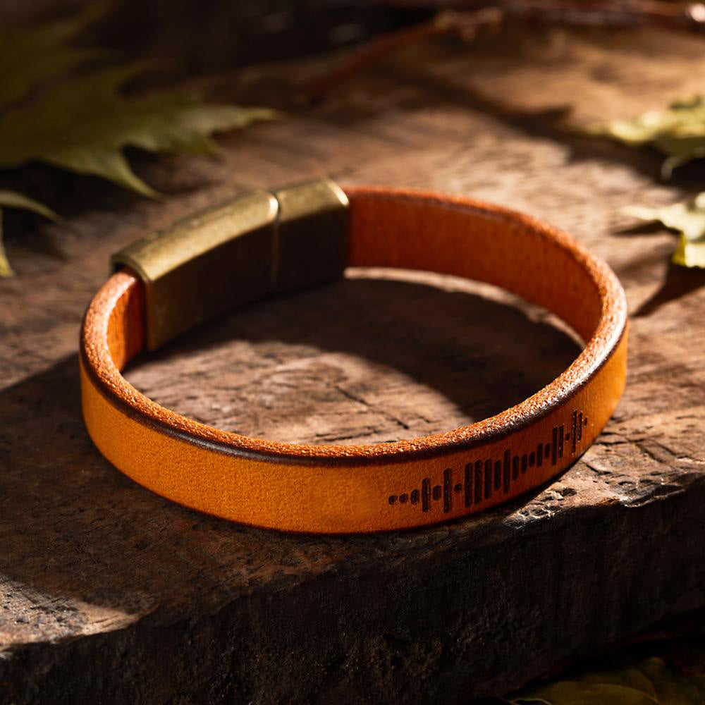 Custom music code PU leather bracelet, brown PU leather, magnetic clasp, engraved design, vintage style, perfect gift. Hadi Craft USA