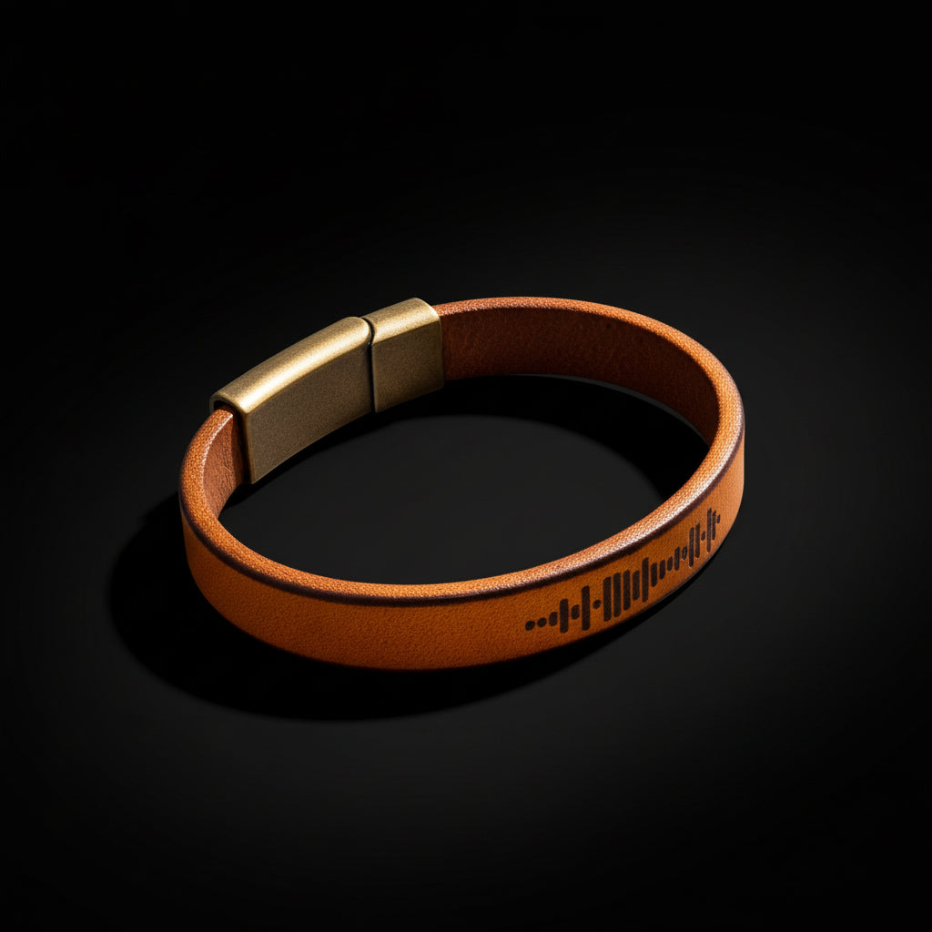 Custom music code PU leather bracelet with magnetic clasp, engraved with music code, vintage style.