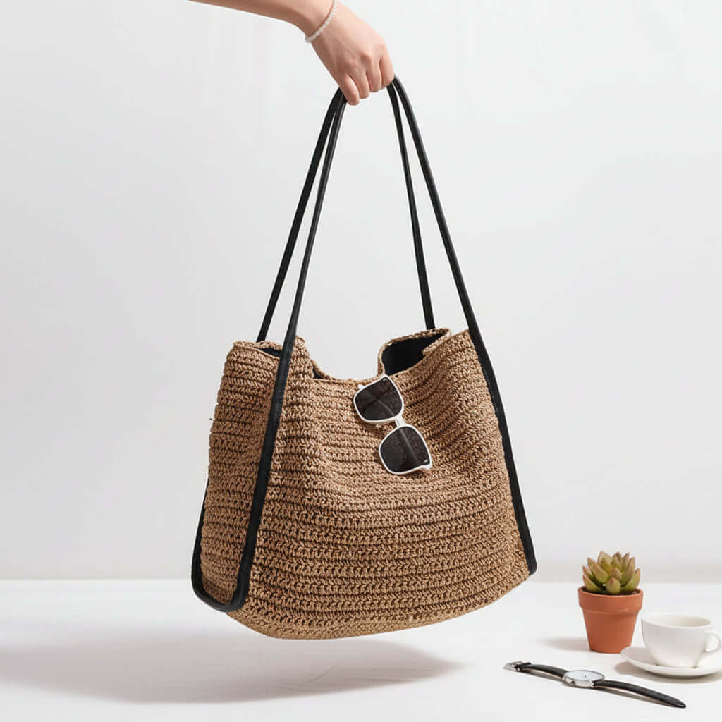 Large capacity straw beach bag French Straw Bag Niche Woven Bag - Hadi Craft