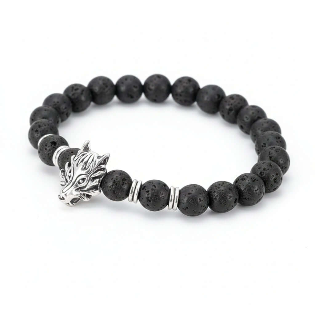 Lava stone bracelet with wolf head Asgard Crafted Grey Wolf Head - Hadi Craft