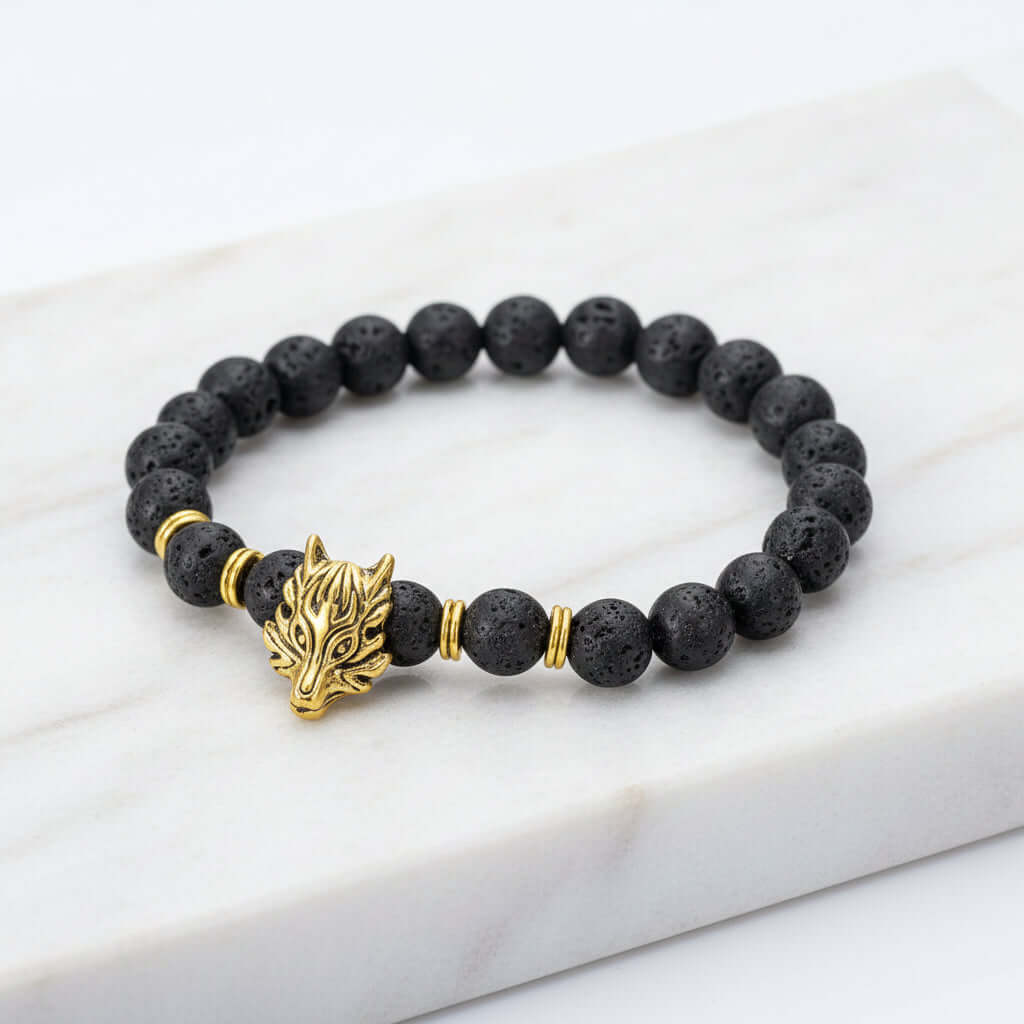 Lava stone bracelet with wolf head Asgard Crafted Grey Wolf Head - Hadi Craft