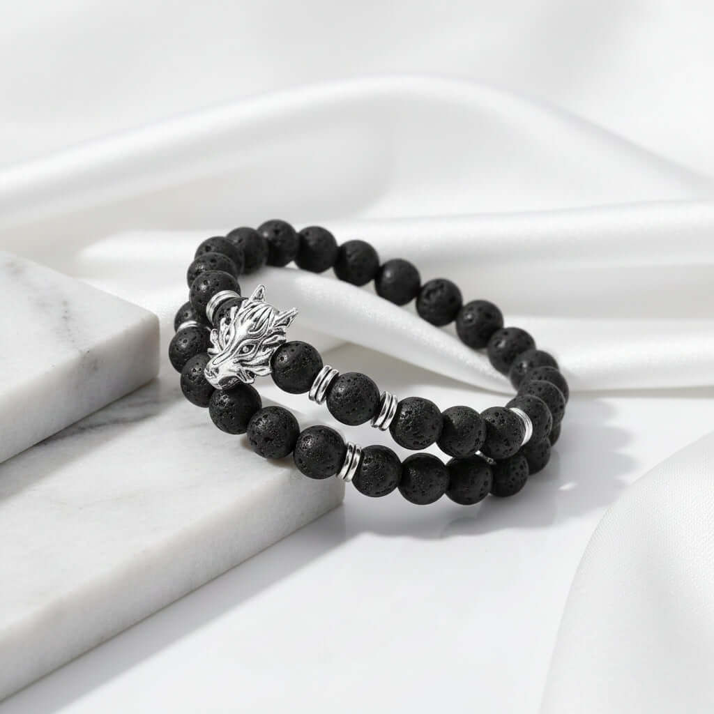 Lava stone bracelet with wolf head Asgard Crafted Grey Wolf Head - Hadi Craft