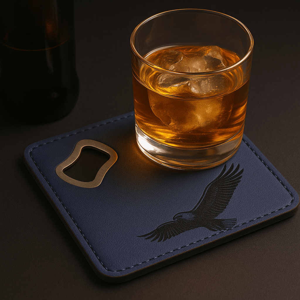 Leather Blue coaster wit engraving and bottle opener with Customize - Hadi Craft