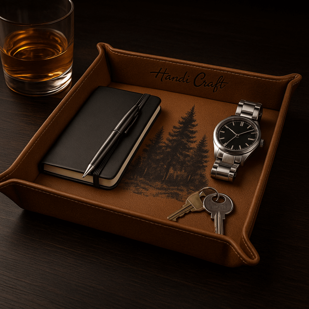 Leather catchall tray customize laser engraving desk organizer tray - Hadi Craft