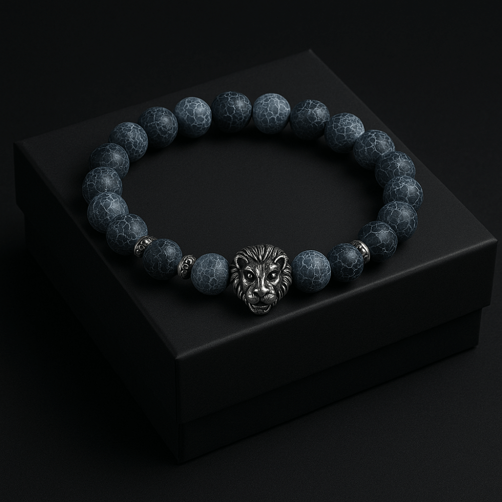 Lion charm black agate bracelet - Black Agate stone Perfect for Gift - Hadi Craft