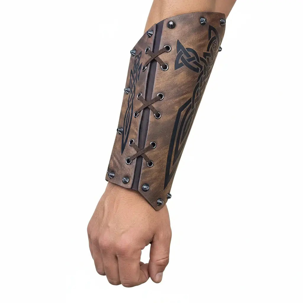Medieval Embossed Arm Bracers PU Leather Knight Viking Cosplay Gauntlets Costume Props - Hadi Craft