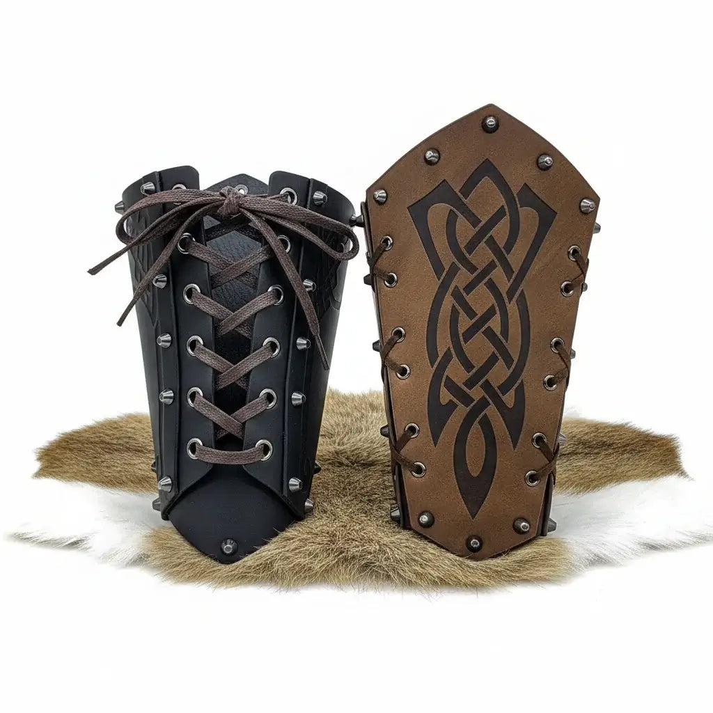 Medieval Embossed Arm Bracers PU Leather Knight Viking Cosplay Gauntlets Costume Props - Hadi Craft