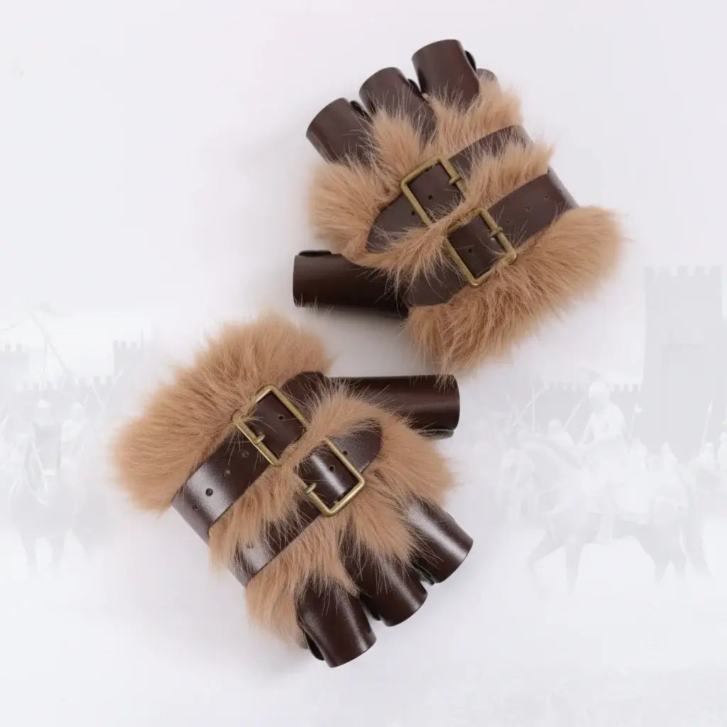 Medieval Viking Fur Fingerless Gloves – Steampunk Leather Wrist Guards for Renaissance, Archery & Cosplay - Hadi Craft