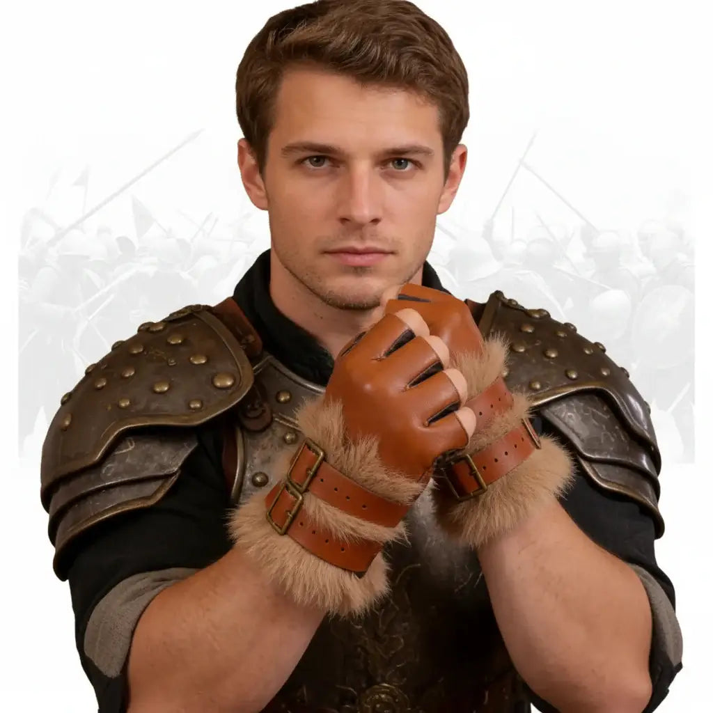Medieval Viking Fur Fingerless Gloves – Steampunk Leather Wrist Guards for Renaissance, Archery & Cosplay - Hadi Craft