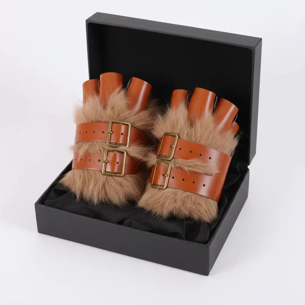 Medieval Viking Fur Fingerless Gloves – Steampunk Leather Wrist Guards for Renaissance, Archery & Cosplay - Hadi Craft